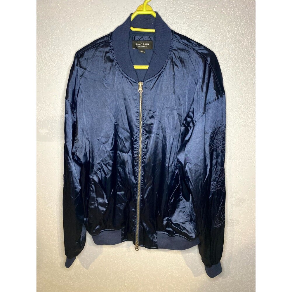 PACSUN BLUE~NAVY Rose Embroidered SLEEVE BOMBER JACKET~ GOOD CONDITION SZ. XL